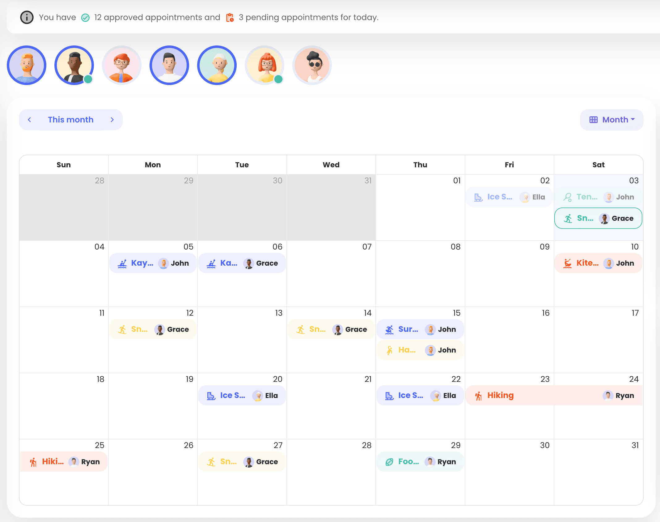 Calendar view of the Music School App booking system showing teacher availability and lesson slots